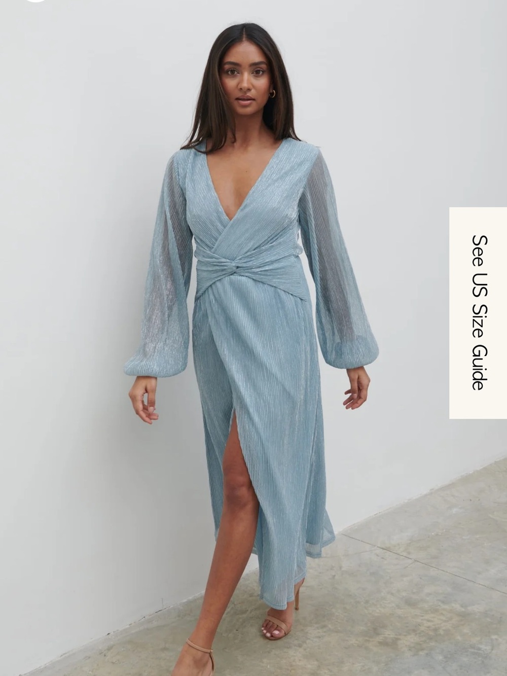 Pretty Lavish Curve knot front plisse midaxi dress in metallic blue NWT